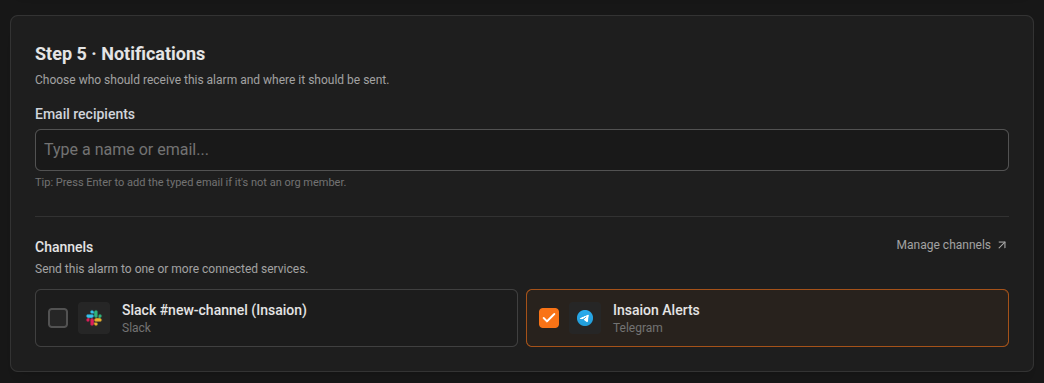 Alarm editor with channel selection